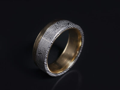 Gents Bespoke Damascus Steel Wedding Ring, 18kt Yellow Gold Inner Sleeve and Inlay Detail, Damascus Bluetongue Flat Pattern
