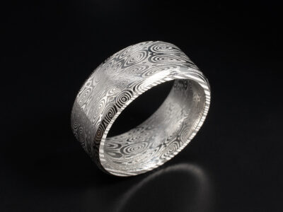 Gents Bespoke Damascus Steel Wedding Ring, Chamfered Edge Design, 10mm Width, Damascus Bluetongue Flat Pattern
