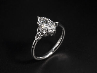 Ladies Lab Grown Diamond Solitaire Engagement Ring, Platinum Claw Set Design with Triquetra Shoulder Detailing, Marquise Cut Lab Grown Diamond 0.91ct