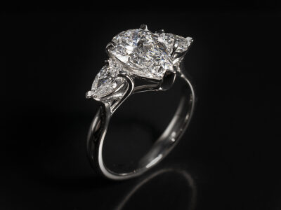 Ladies Lab Grown Diamond Trilogy Engagement Ring, Platinum Claw Set Design, Pear Cut Lab Grown Diamond 2.05ct, Pear Cut Lab Grown Diamonds 0.62ct Total