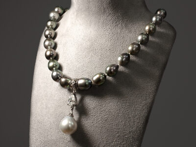 Tahitian Baroque and South Sea Tear Drop Pearl Necklace with Lab Grown Diamond Rubover Platinum Set Section and Pear Cut Lab Grown Diamond Drop Detail