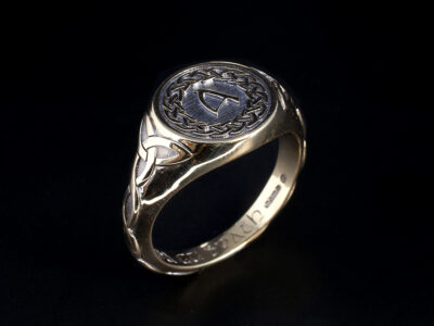 Gents Celtic Design Signet Ring, 9kt Yellow Gold Design with Triquetra Infinity Knot on Full Band