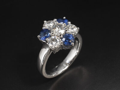 Ladies Sapphire and Diamond Cluster Dress Ring, Platinum Claw Set Design