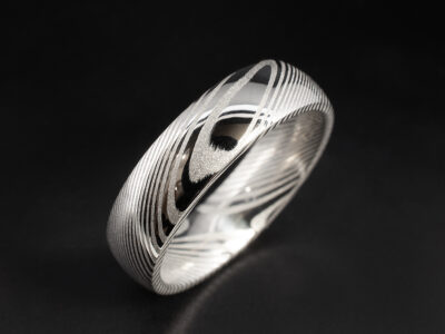 Gents Bespoke Damascus Steel Wedding Ring, Court Shaped Design, 6mm Width, Damascus Dense Twist Pattern