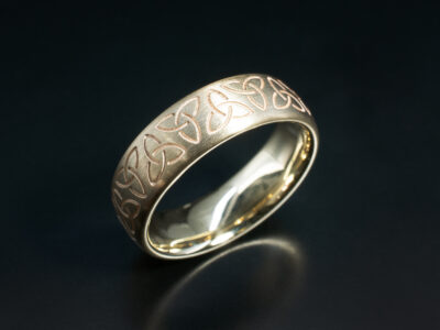 Gents Celtic Design Wedding Ring, 9kt Yellow Gold Court Shaped Design, Triquetra Celtic Pattern, 6mm Width