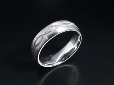 Gents Engraved Wedding Ring, Platinum Easy Fit Design with Engraved Lattice Detailing, 6mm Width