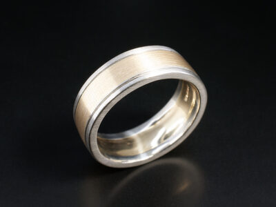 Gents Mixed Metal Wedding Band, Platinum and 14kt Yellow Gold Design with Grooved Detailing, 7mm Width