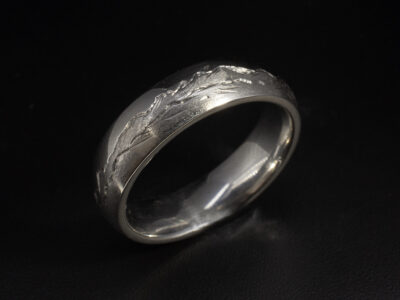 Gents Scottish Mountains Wedding Ring, Platinum Court Shaped Design, Hand Engraved Landscape Detail