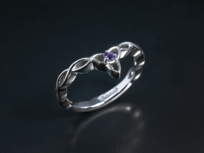 Ladies Amethyst Wishbone Wedding Ring, Platinum Claw Set Fitted Design, Triquetra Detailing, Round Cut Amethyst 0.02ct