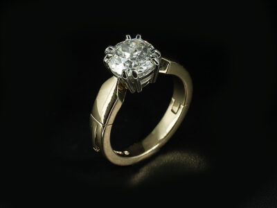 Ladies Diamond Solitaire Engagement Ring, 18kt White and Yellow Gold Hinge Design, Round Old Miners Cut Diamond 1.87ct