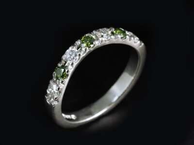 Ladies Green Diamond Eternity Ring, Platinum Castle Set Fitted Curved Design, Round Brilliant Cut Treated Green Diamonds 0.23ct (3), Round Brilliant Cut Diamonds 0.33 ct (4)