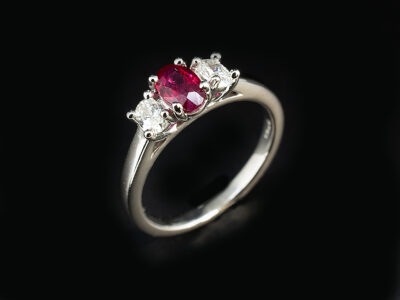 Ladies Ruby and Diamond Trilogy Dress Ring, Platinum Claw Set Design, Oval Cut Ruby 0.53ct, Oval Cut Diamonds 0.25ct (2)