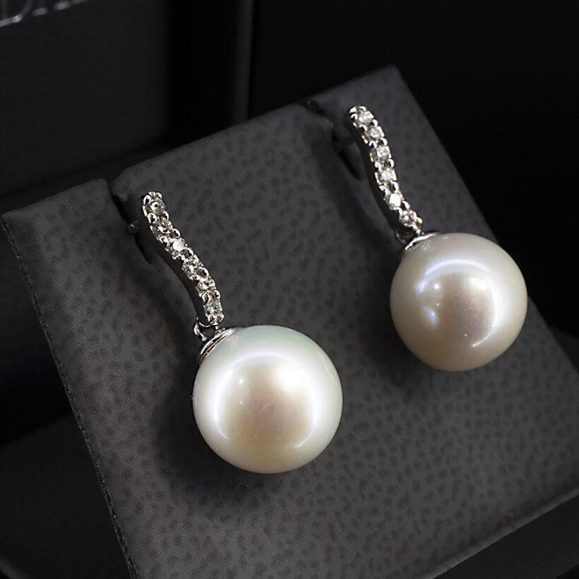 Round Pearl Drop Earrings on Diamond Set 18kt White Gold Fittings 10-10.5mm