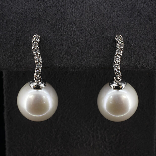 Round Pearl Drop Earrings on Diamond Set 18kt White Gold Fittings 10-10.5mm