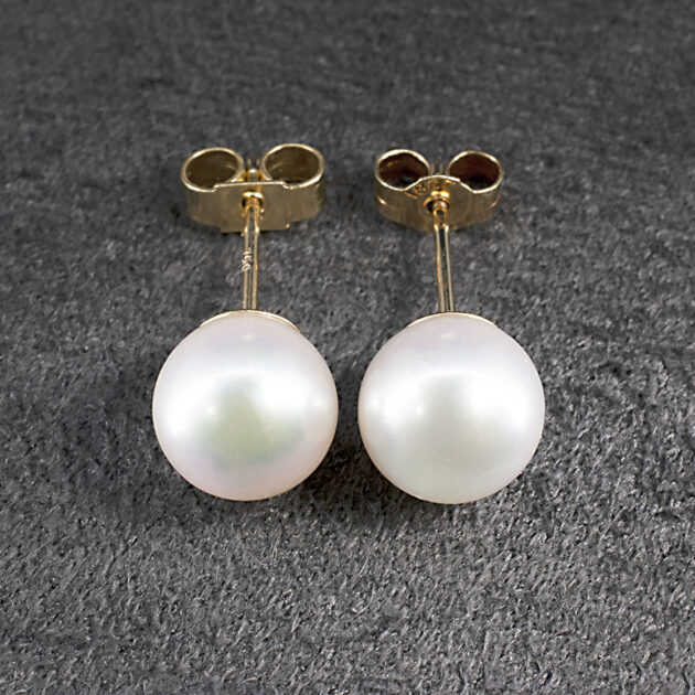 Round Akoya Pearl Stud Earrings in Yellow Gold Settings 7.5-8.0mm