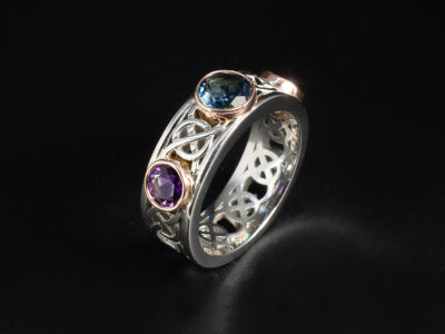 Ladies Celtic Inspired Multi Stone Ring, Platinum and 9kt Rose Gold Rub over Set Design, Round Faceted Fluorite 0.92ct, Round Emerald 0.43ct, Round Amethyst 0.33ct