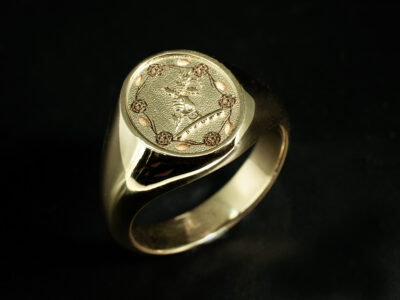 Gents Signet Wedding Ring, 18kt Yellow Gold Laser Engraved Crest Detail Design