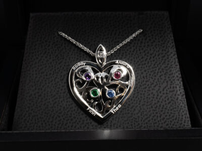 Platinum Diamond and Coloured Stone Heart Pendant, Rub over Set Design, Round Brilliant Cut Diamond 0.03ct, Round Cut Amethyst 0.07ct, Round Cut Ruby 0.14ct, Round Cut Emerald 0.07ct, Round Cut Sapphire 0.11ct