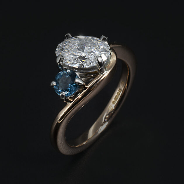 18kt Yellow Gold and Platinum Set Diamond and Tanzanite Ring Lab Grown Oval Cut Diamond, Round Cut Blue Topaz