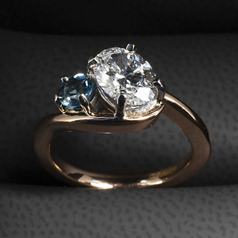 18kt Yellow Gold and Platinum Set Diamond and Tanzanite Ring Lab Grown Oval Cut Diamond, Round Cut Blue Topaz