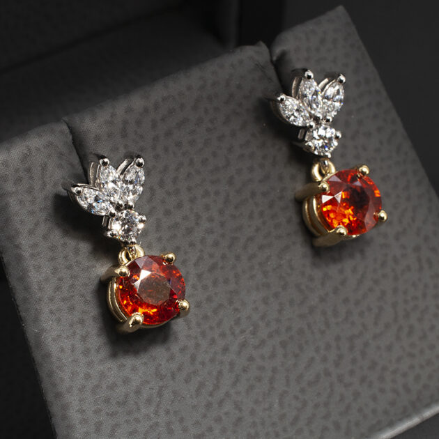 Diamond and 6mm Orange Garnet 18kt Yellow Gold and Platinum Earrings Lab Grown Marquise Cut Diamonds 0.25ct Total (6) Lab Grown Round Brilliant Cut Diamonds 0.12ct (2)