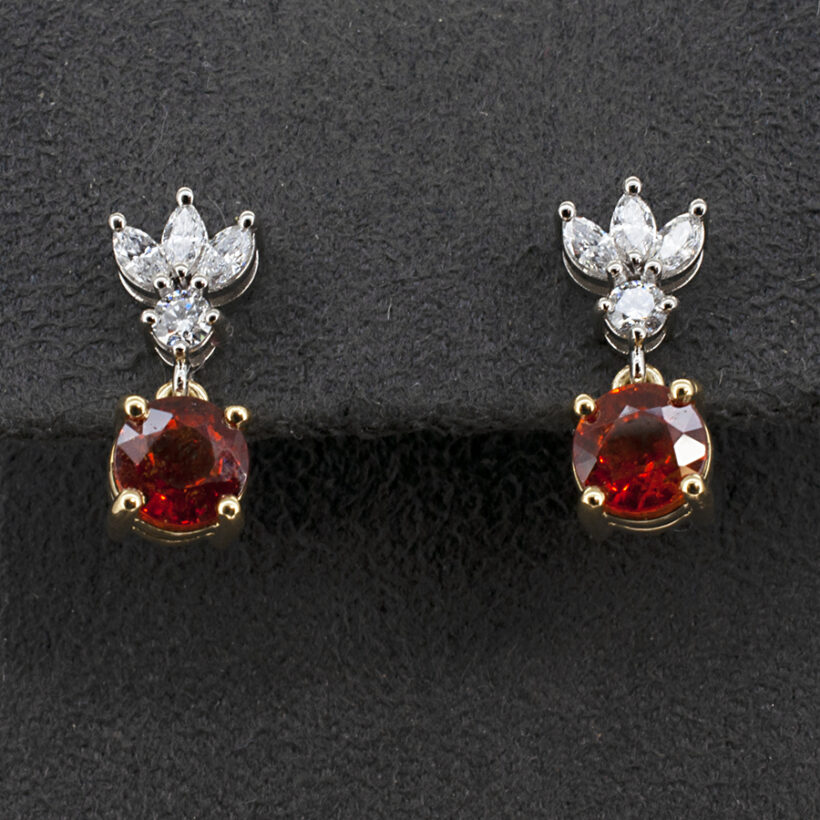 Diamond and 6mm Orange Garnet 18kt Yellow Gold and Platinum Earrings Lab Grown Marquise Cut Diamonds 0.25ct Total (6) Lab Grown Round Brilliant Cut Diamonds 0.12ct (2)