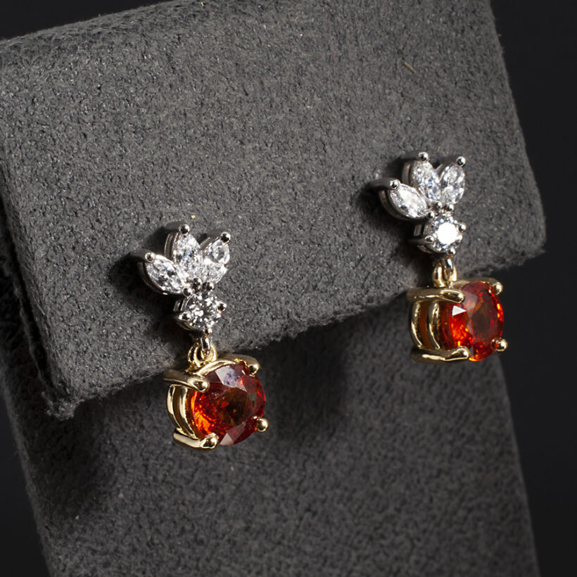 Diamond and 6mm Orange Garnet 18kt Yellow Gold and Platinum Earrings Lab Grown Marquise Cut Diamonds 0.25ct Total (6) Lab Grown Round Brilliant Cut Diamonds 0.12ct (2)