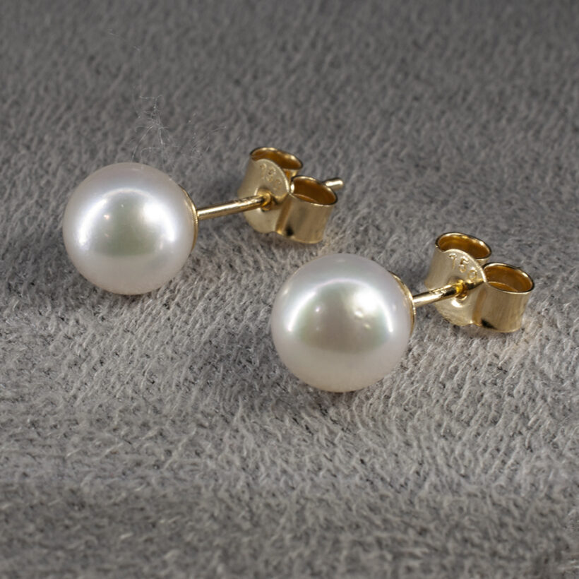 Pearl Studded Earrings in Yellow Gold, White Round Akoya Pearls, 6.5-7mm