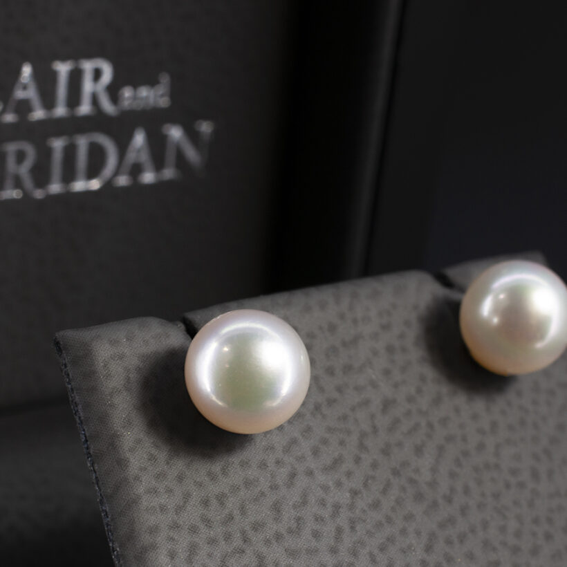 Pearl Studded Earrings in Yellow Gold, White Round Akoya Pearls, 6.5-7mm