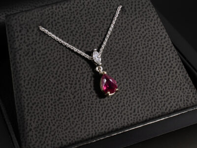 9kt Yellow and White Gold Ruby and Diamond Pendant, Pear Shape Ruby 1.05ct, Marquise Cut Lab Grown Diamond 0.12ct