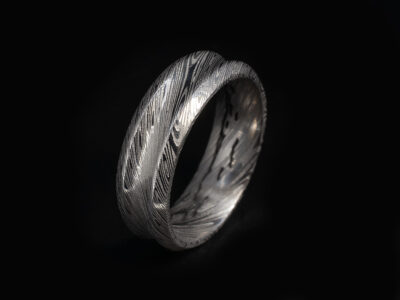 Gents Bespoke Damascus Steel Wedding Ring, Concave Design with Ben Lomond Vista Laser Engraved, 6mm Width, Damascus Heimskringla Pattern