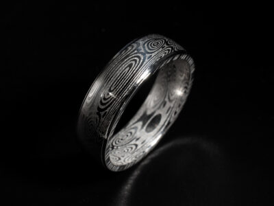 Gents Bespoke Damascus Steel Wedding Ring, Court Shaped Design, 6mm Width, Polished Finish with Lathed Lines on Edge, Damascus Blue Tongue Pattern