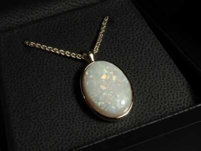 18kt Yellow Gold Opal Pendant, Rub over Set Design, Oval Cut Cabochon Opal 20 x 15mm