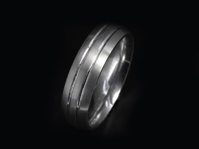 Gents Brushed Finish Wedding Ring, Platinum Court Shaped Band, 6mm Width, Grooved Line Detail