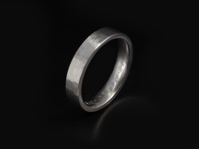 Gents Flat Court Wedding Ring, Platinum 4mm Design, Brushed and Hammered Finish