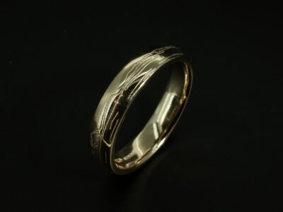 Gents Scottish Landscape Detail Wedding Ring, 9kt Yellow Gold Court Shape Band, 5mm Width, Arthurs Seat Engraved Detail