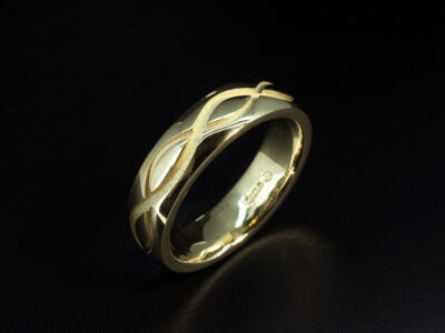 Gents Wave Detail Wedding Ring, 9kt Yellow Gold Court Shape Design, Intertwining Wave Detail Around the Band