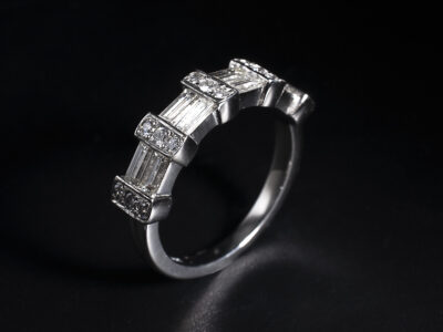 Ladies Diamond Dress Ring, Platinum Pavé and Tension Set Design, Baguette Cut and Round Brilliant Cut Diamonds