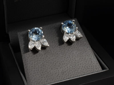 Platinum Art Deco Diamond and Topaz Studded Earrings, Claw Set Design, Round Brilliant Sky Blue Topaz 4.80ct Total (2), Pear Cut Lab Grown Diamonds 1.26ct (6)