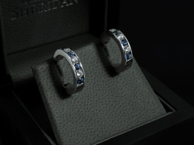 Platinum Diamond and Sapphire Huggie Earrings, Channel Set Design, Round Brilliant Cut Lab Grown Diamonds 0.54ct (8), Round Brilliant Cut Sapphires 0.72ct (10)