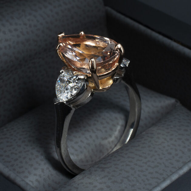 Pear Cut Morganite 4.25ct Trilogy Ring, Heart Cut Lab Grown Diamonds 0.58ct (2), 18kt Red Gold and Platinum Set with Platinum Band